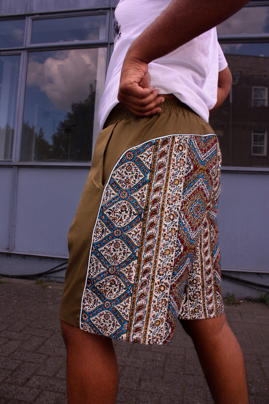 Ghalamkar Print Shorts Khaki Cotton V2